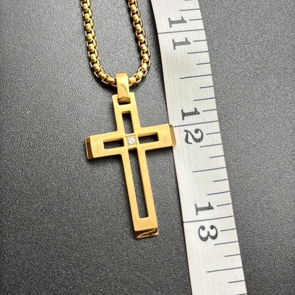 New Stainless Steel Gold Cross Pendant Necklace with cz Diamond Accent